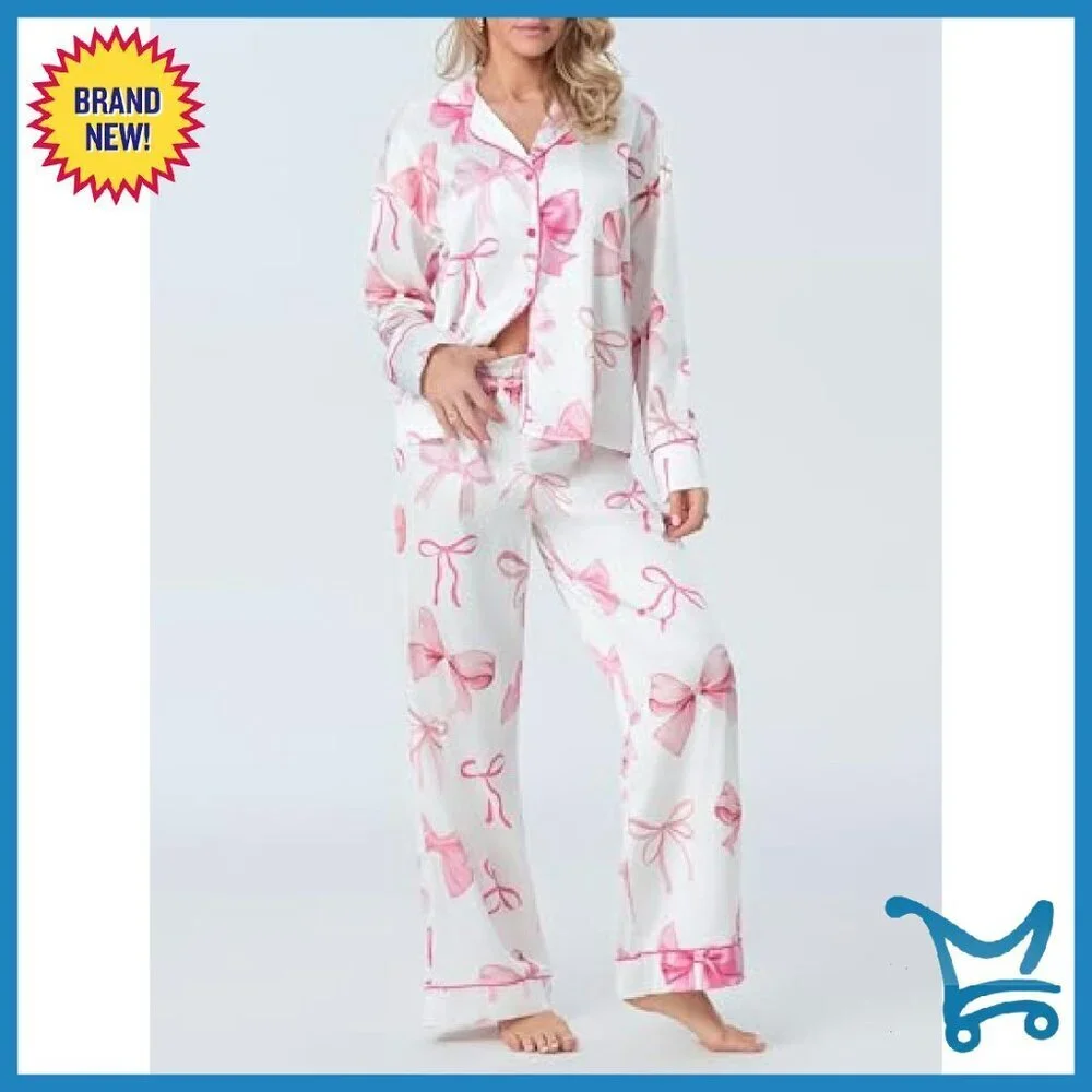 Silk Satin Pajama Set Long Sleeve Button Shirt Lounge Pants